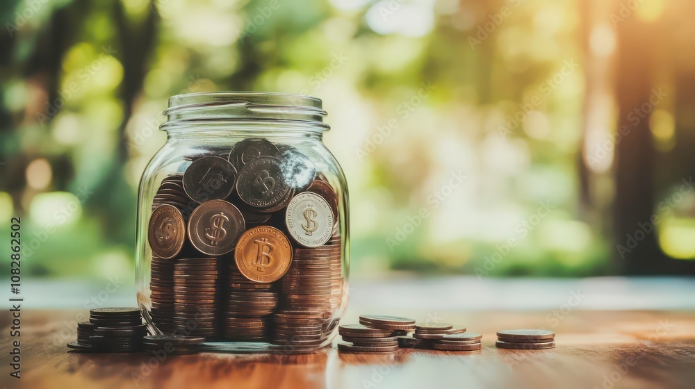 A glass jar filled with coins sits on a wooden table with more coins scattered in front of it. The background is a blurred out green foliage with the sun shining through the leaves. A glass jar filled with coins sits on a wooden table with more coins scattered in front of it. The background is a blurred out green foliage with the sun shining through the leaves.
