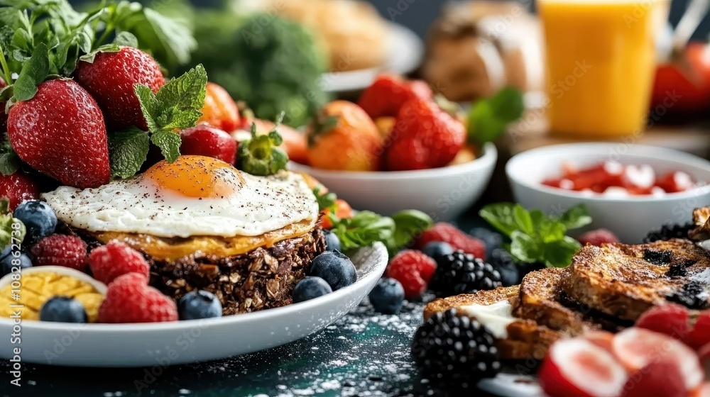 A nutritious breakfast spread featuring brightly colored fruits, fried eggs, and whole grains, emphasizing freshness and a balanced start to the day. A nutritious breakfast spread featuring brightly colored fruits, fried eggs, and whole grains, emphasizing freshness and a balanced start to the day.