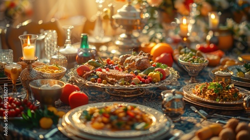 Here's a description following your specifications.. Lavish banquet table laden with roasted meats, colorful vegetables, and ornate tableware, bathed in warm sunlight.