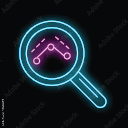 Neon magnifying glass is hovering over a line graph, representing the concept of data analysis and market research