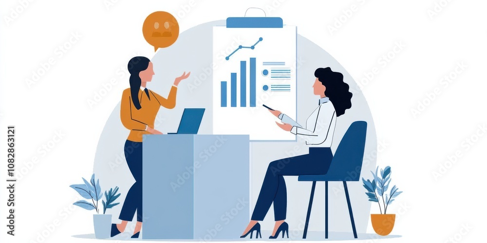 Two professionals discuss in a modern office setting, focusing on strategy and planning, with charts and a laptop indicating growth and collaboration. Two professionals discuss in a modern office setting, focusing on strategy and planning, with charts and a laptop indicating growth and collaboration.