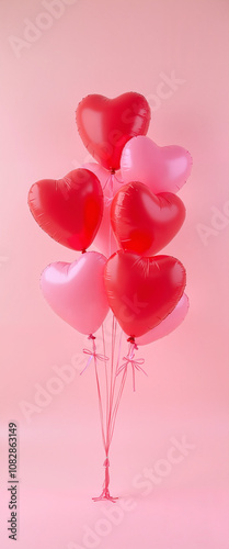 Festive heart-shaped balloons in red and pink arranged against a soft pink backdrop, perfect for romantic occasions