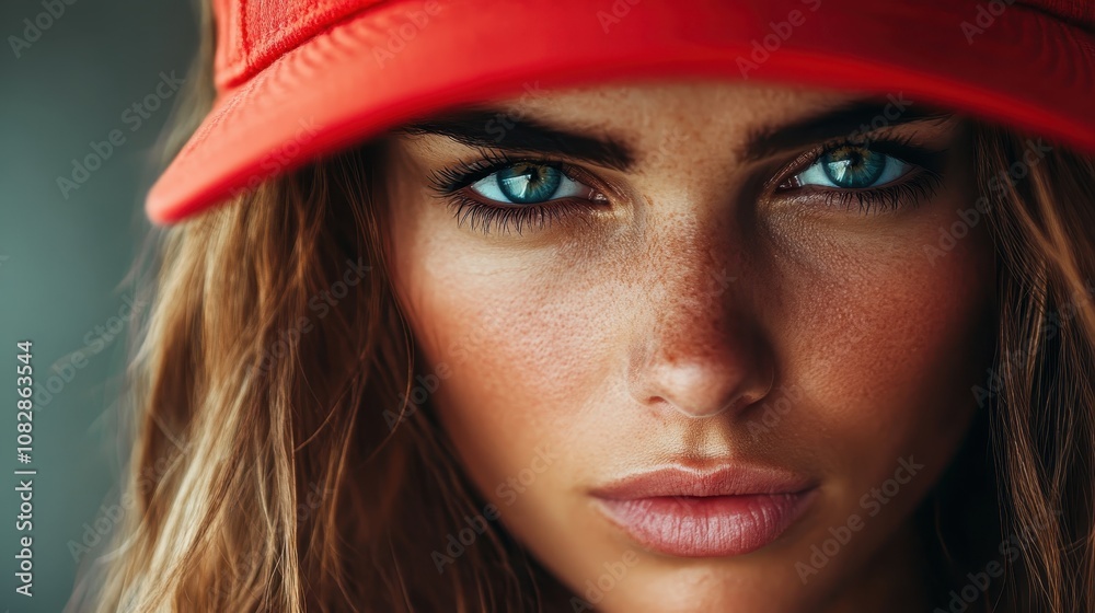 This striking image captures the intense gaze of a woman with mesmerizing blue eyes and a red cap, conveying strength, focus, and confidence in contemporary style. This striking image captures the intense gaze of a woman with mesmerizing blue eyes and a red cap, conveying strength, focus, and confidence in contemporary style.