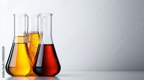 Three Erlenmeyer flasks contain bubbling colorful liquids, emitting an experimental vibe on a pristine white surface, illustrating scientific curiosity and potential. photo