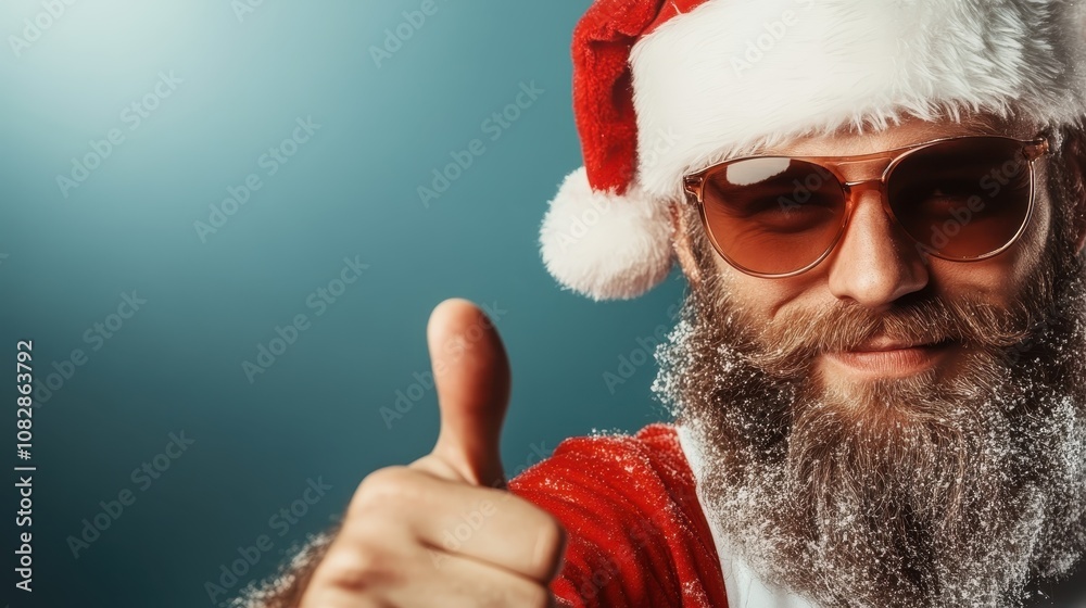 A man wearing a Santa hat and sunglasses with a snowy beard shows a thumbs up, highlighting a playful winter vibe and festive enjoyment.