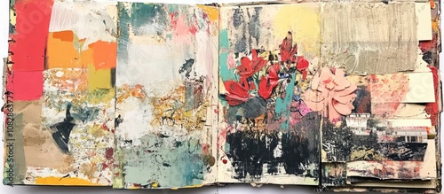 An aged calendar transformed into an art journal showcases mixed media artwork on an open spread serving as a canvas for exploring and practicing various techniques