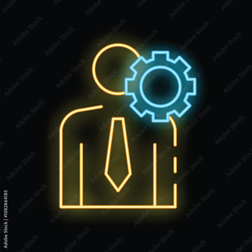 Neon sign representing a businessman with a gear next to his head, a concept for business solutions and strategy Neon sign representing a businessman with a gear next to his head, a concept for business solutions and strategy