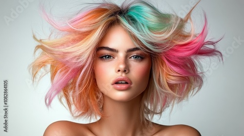 A striking woman with a vivid, multicolored hairstyle, artistically reflecting creativity and bold expression, symbolizes youthful energy and vibrant individuality.