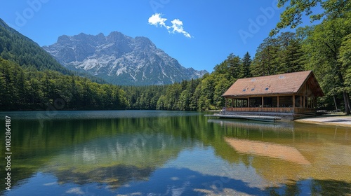 A serene lakeside scene with a cabin surrounded by mountains and lush greenery.