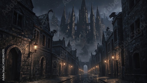 Eerie Gothic cityscape with cathedral gargoyles and misty atmosphere