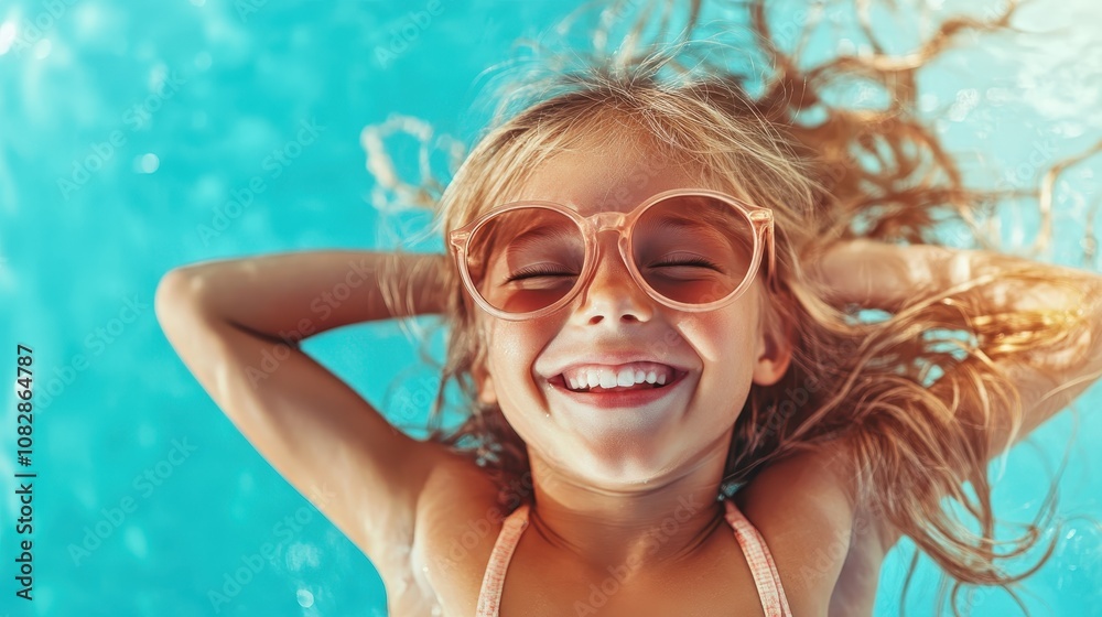 A carefree young girl, relaxing with a big smile and sunglasses, floating in a bright and inviting swimming pool, capturing the essence of summer fun. A carefree young girl, relaxing with a big smile and sunglasses, floating in a bright and inviting swimming pool, capturing the essence of summer fun.