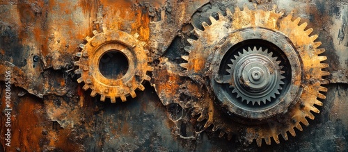 Macro shot of gears and cogs showcased in a mixed media style