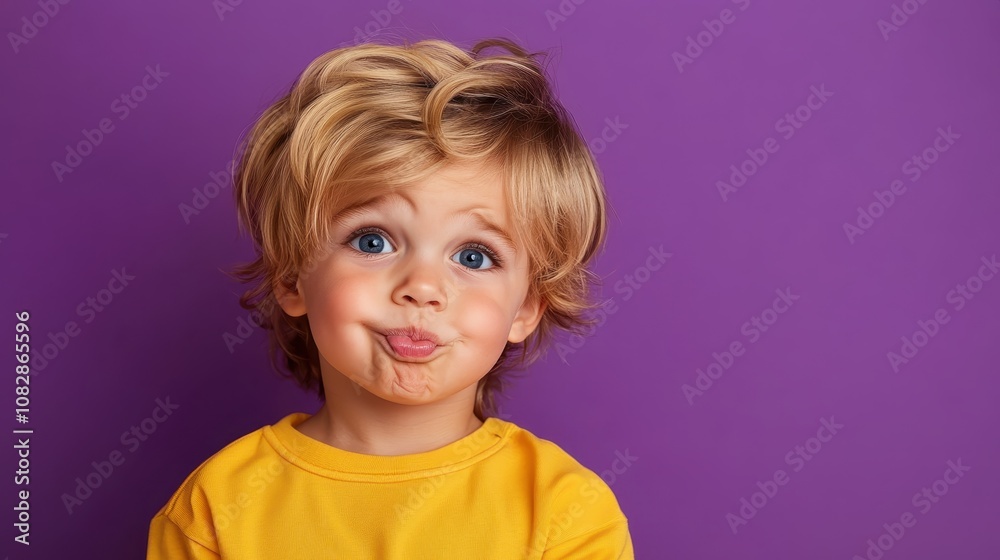 A young child with blonde hair makes a playful and cheeky face, standing against a purple background. Embodies joy and carefree childhood moments vividly.