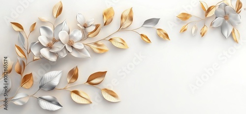 Elegant 3D Wallpaper with Golden and Silver Leaves and Flowers on a White Background, AI generated illustration photo