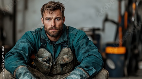 A bearded worker sits in a workshop, taking a reflective moment. His worn-out attire and surroundings suggest hard labor and a deep sense of contemplation.