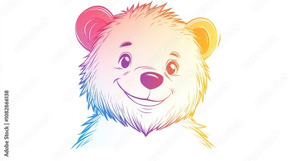 Line art illustration of a cartoon bear with a tired smile featuring a rainbow gradient design Line art illustration of a cartoon bear with a tired smile featuring a rainbow gradient design