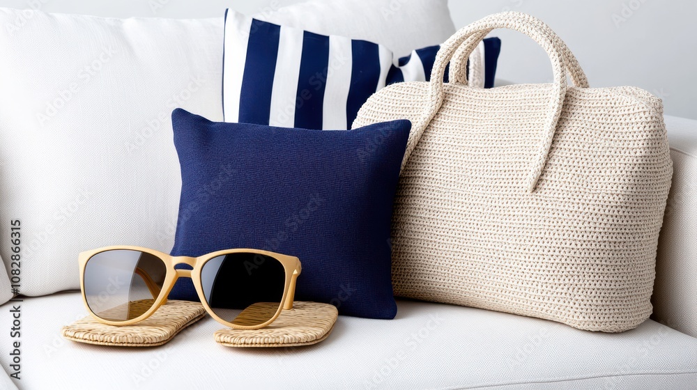 Naklejka premium A stylish summer ensemble featuring sunglasses, woven slippers, and a chic beach bag on a striped cushion, exuding beach-ready vibes.