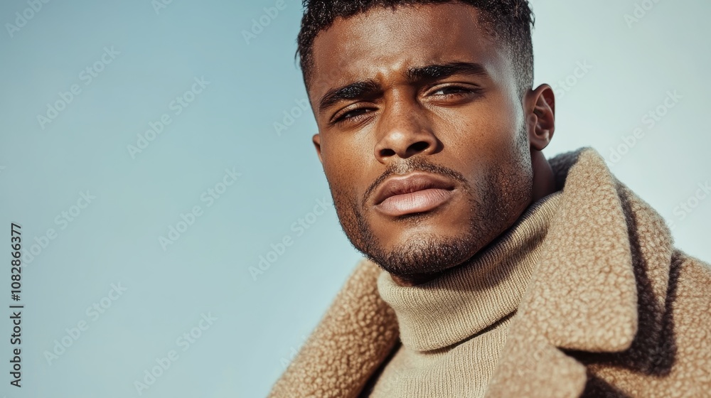 A handsome man in a textured coat and turtleneck stands against a blue backdrop, showcasing modern elegance and confidence in a minimalist aesthetic. A handsome man in a textured coat and turtleneck stands against a blue backdrop, showcasing modern elegance and confidence in a minimalist aesthetic.