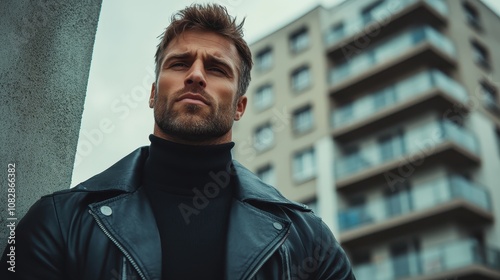 A rugged man in a black leather jacket stands confidently next to a metropolitan apartment building, embodying a sense of strength and urban grit.