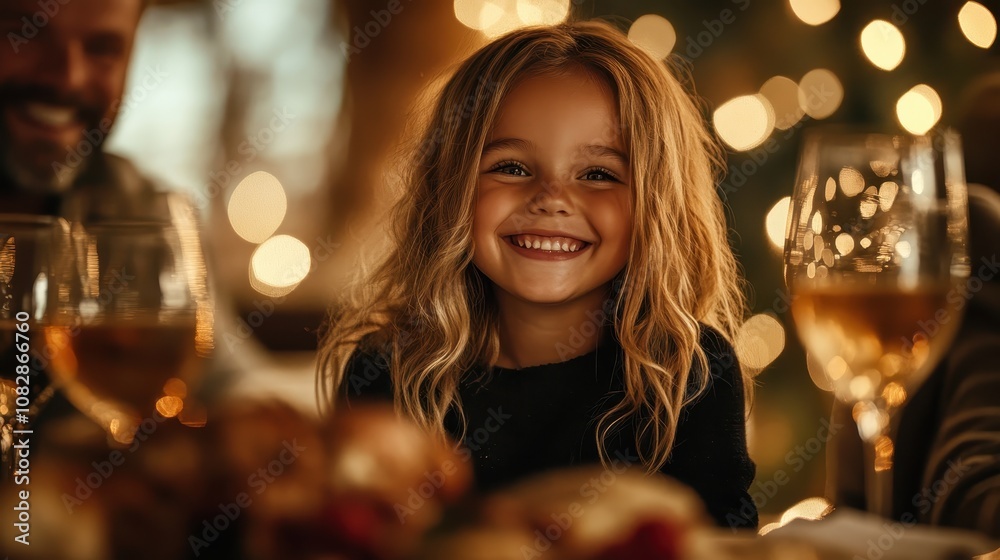 A joyful young girl with long hair smiles at the dinner table, surrounded by a bokeh of warm festive lights, creating a cozy and joyful atmosphere. A joyful young girl with long hair smiles at the dinner table, surrounded by a bokeh of warm festive lights, creating a cozy and joyful atmosphere.