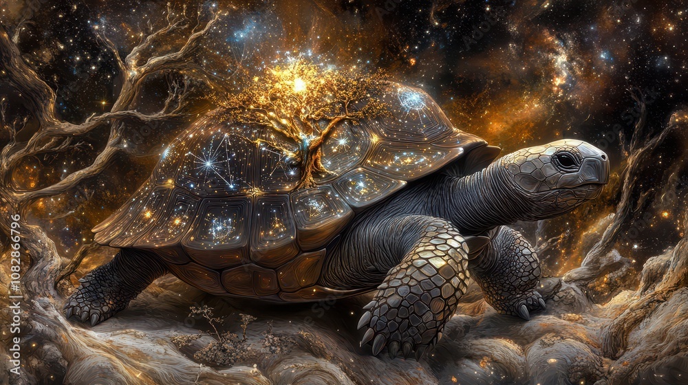 Obraz premium Cosmic Tortoise with World-Tree Constellations: A High-Resolution Digital Background for Ancient Wisdom and Spiritual Themes. Flowing Time Rivers and Intricate Shell Patterns.