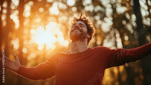 A man with open arms and a joyful expression stands in a sunlit forest, basking in the warm glow of the sunset, embodying freedom and happiness.