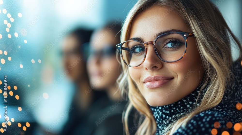 A sophisticated woman with stylish glasses smiles warmly. The image captures intelligence and charm in a modern, vibrant atmosphere with soft focus lights. A sophisticated woman with stylish glasses smiles warmly. The image captures intelligence and charm in a modern, vibrant atmosphere with soft focus lights.