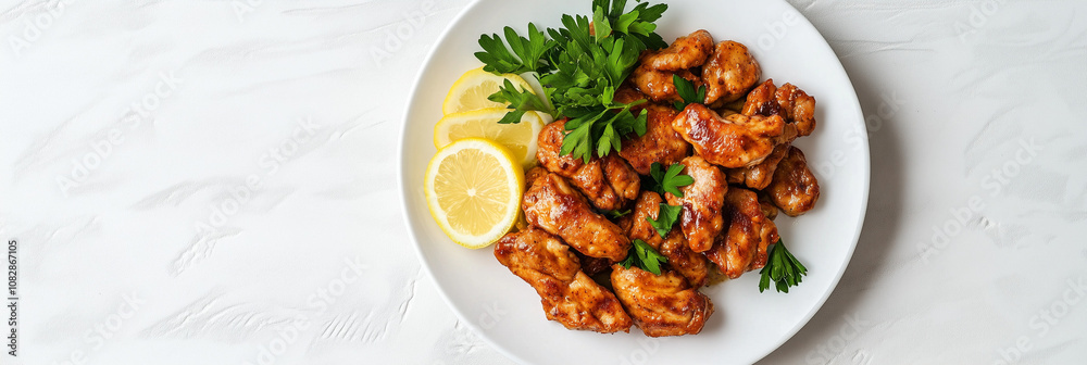 Delicious lemon herb chicken wings with fresh parsley and lemon slices on white plate Delicious lemon herb chicken wings with fresh parsley and lemon slices on white plate