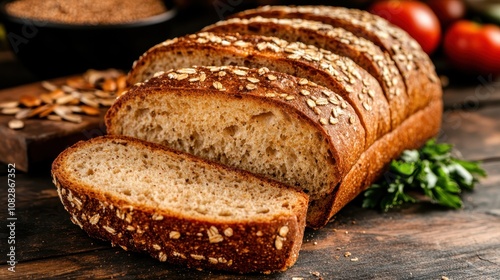 A freshly baked loaf adorned with oats, sliced and laid on a rustic wooden surface surrounded by herbs and seeds, illustrating natural ingredients. photo