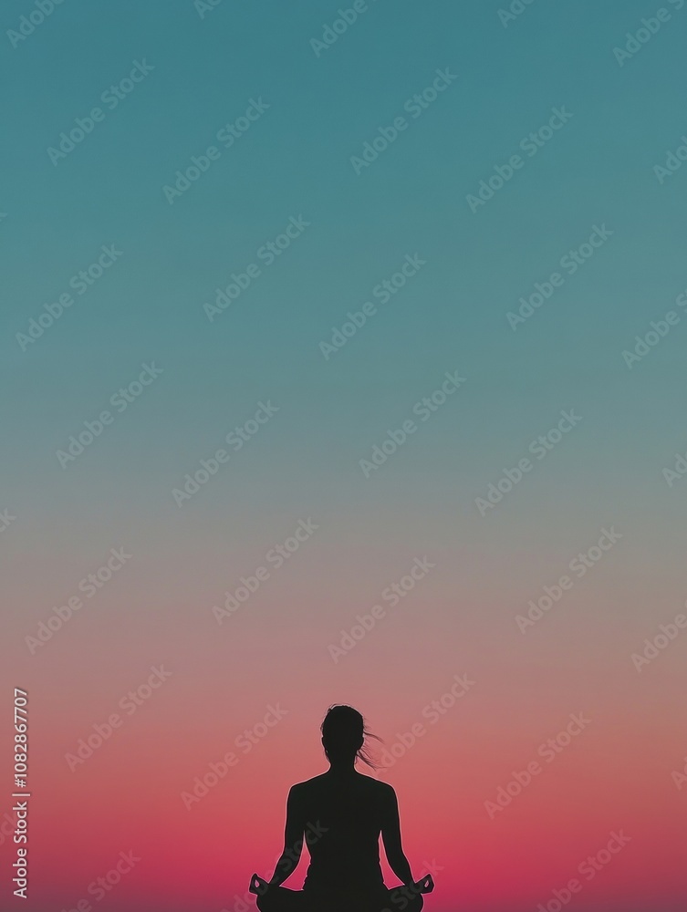 A silhouette of an individual is seen meditating calmly with a stunning sunset illuminating the sky in soothing colors. Generative AI A silhouette of an individual is seen meditating calmly with a stunning sunset illuminating the sky in soothing colors. Generative AI