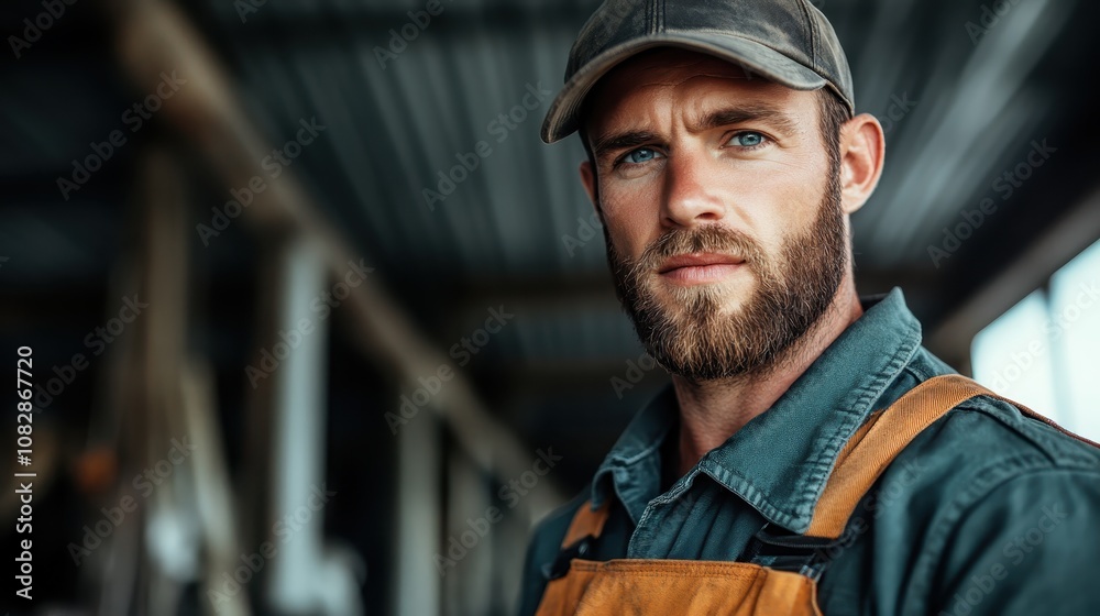 A strong-looking man in outdoor work attire and a cap stands with an intense gaze, illustrating strengths, readiness, and capability in an industrial setting.