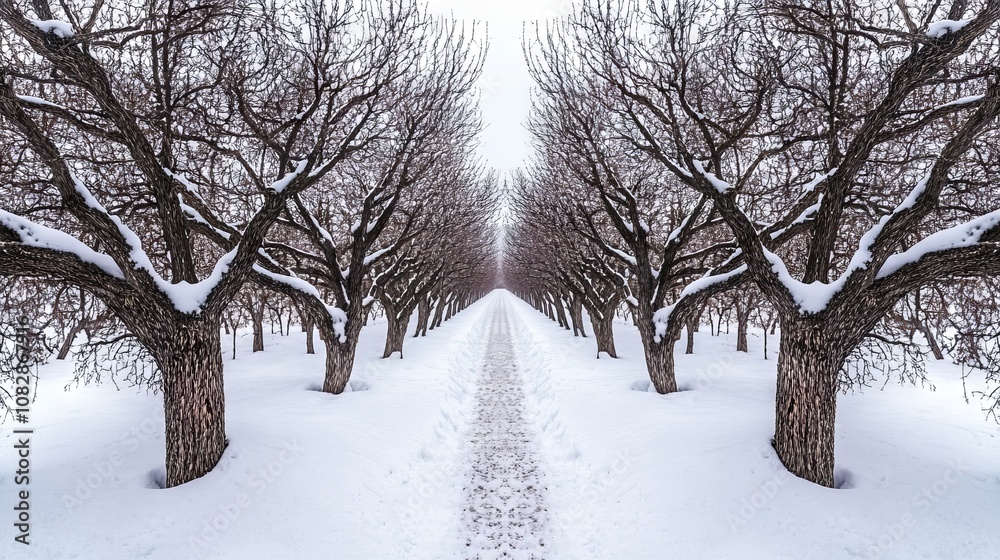 Picturesque Winter Wonderland in an Orchard, AI generated illustration Picturesque Winter Wonderland in an Orchard, AI generated illustration