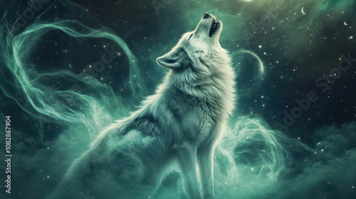 Cosmic Wolf Howling at Triple Moons: Mystical Background with Northern Lights and Spirit Animal Constellations, Perfect for Shamanic Practices and Energetic Coaching. High-Resolution.