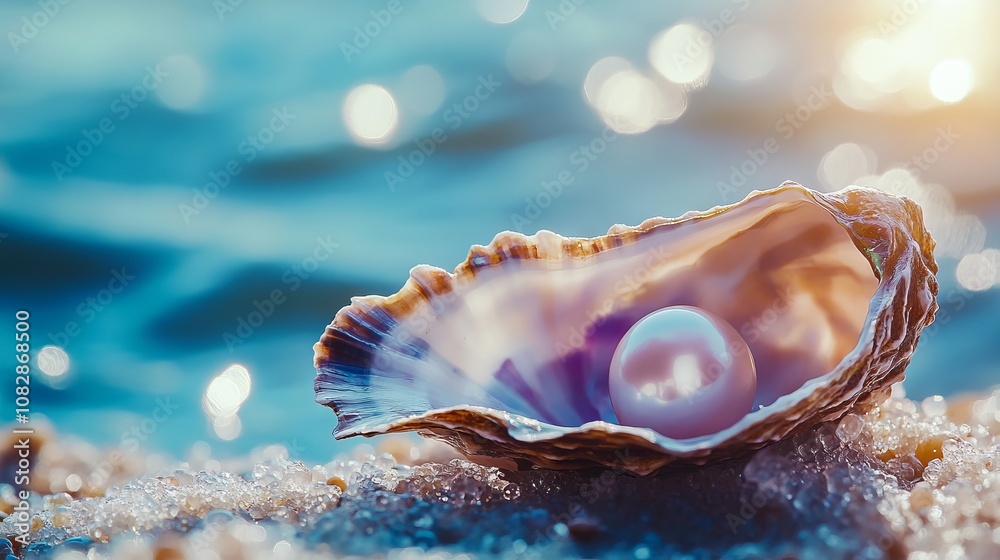 Open Oyster with Large Pearl on Seashore, AI generated illustration Open Oyster with Large Pearl on Seashore, AI generated illustration