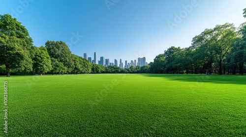 Aerial view of Bangkok's lush green park contrasting with modern skyscrapers under a clear blue sky on a sunny day