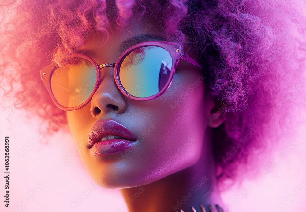 A stylish young woman with curly hair and colorful sunglasses poses confidently against a vibrant background during a creative photoshoot A stylish young woman with curly hair and colorful sunglasses poses confidently against a vibrant background during a creative photoshoot