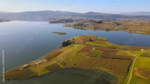 Aerial video in a traveling shot of a huge dam in the municipality of San Felipe del Progreso, State of Mexico.