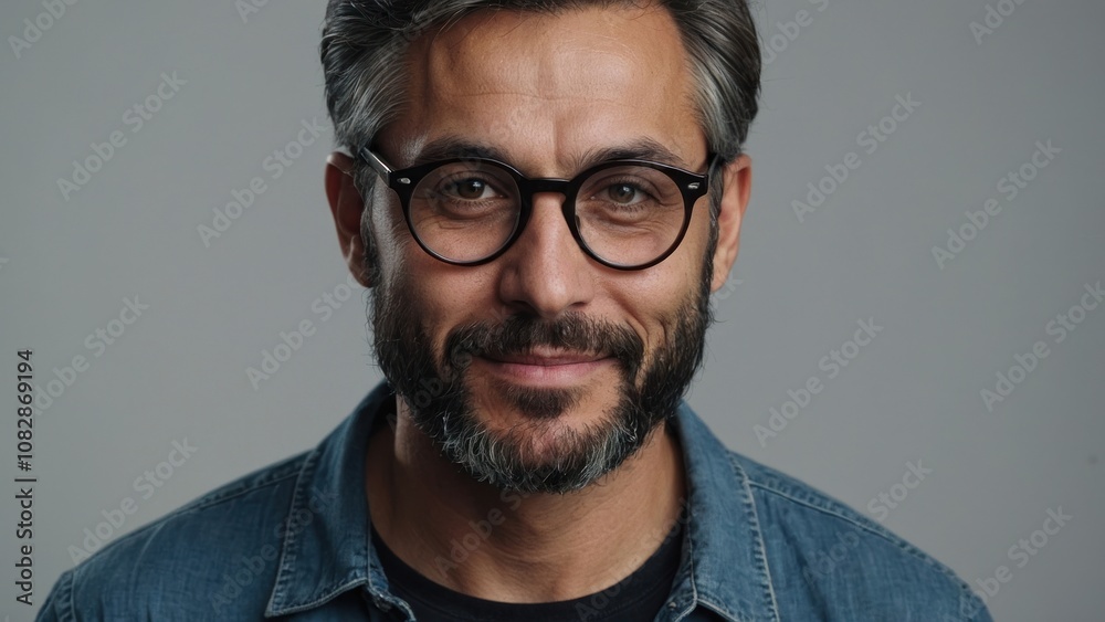 Middle-aged Man With Glasses Smiling Against a Neutral Background Middle-aged Man With Glasses Smiling Against a Neutral Background