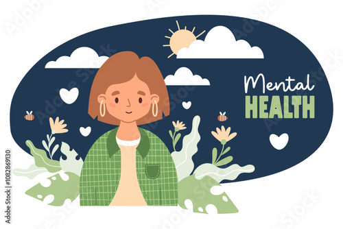 Mental health, nature and ecology poster. Cute Youth girl with leaves and weather. Concept beneficial effects of environment, care, viability and self-love. Vector illustration