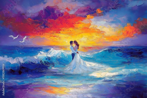 A colorful oil painting of a couple embracing in the ocean at sunset, surrounded by vibrant waves and a dramatic sky with seagulls, capturing a passionate, romantic moment