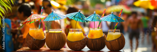 Colorful tropical coconut cocktails with paper umbrellas in sunny outdoor market photo