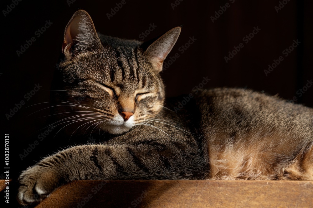 Naklejka premium A tabby cat stretches out comfortably in a sunny spot, eyes half-closed, with sunlight casting soft shadows across its fur, creating a peaceful atmosphere