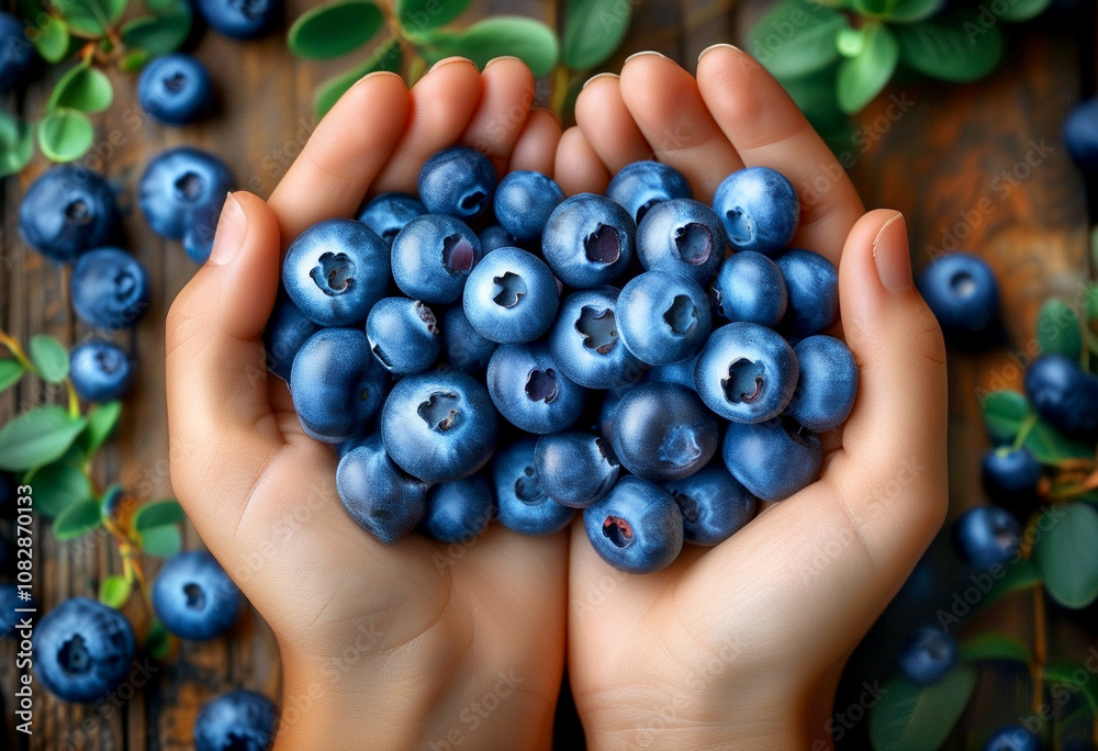Freshly harvested blueberries held tenderly in hands surrounded by greenery Freshly harvested blueberries held tenderly in hands surrounded by greenery