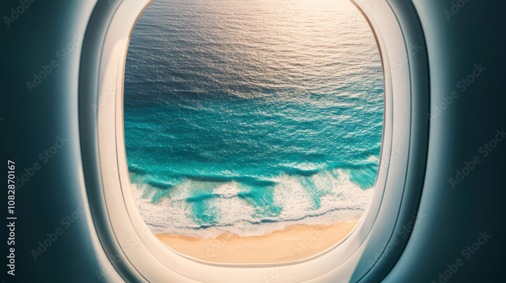 Fototapeta premium Aerial view of ocean waves and sandy beach from airplane window