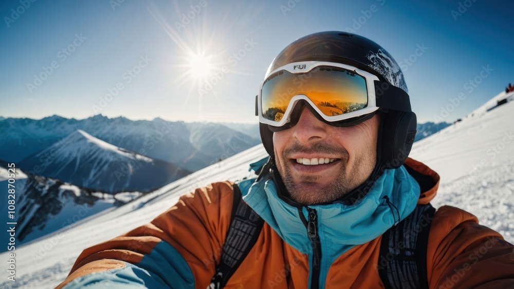 Adventurer Enjoying the View From a Snowy Mountain Summit on a Bright Sunny Day Adventurer Enjoying the View From a Snowy Mountain Summit on a Bright Sunny Day