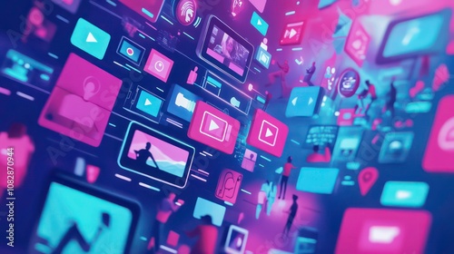 Fototapeta Naklejka Na Ścianę i Meble -  Digital contents concept. Social networking service. Streaming video. NFT. Non-fungible token. Wide angle visual for banners or advertisements