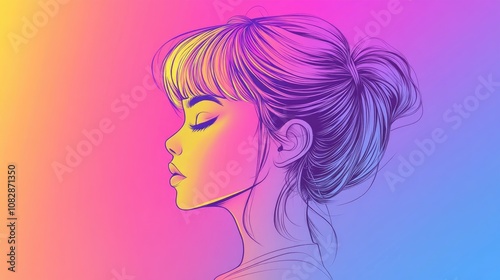 Line art illustration featuring a cold gradient design of an adorable cartoon girl with a trendy haircut