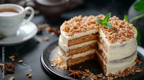 Round hummingbird cake set on a wooden table. The dessert display and cozy ambiance evoke a classic, inviting tea-time setting