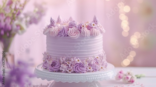 Tall cylindrical classic purple cake exquisitely decorated with edible flowers, the picture is in pastel colors with soft light and blurred background