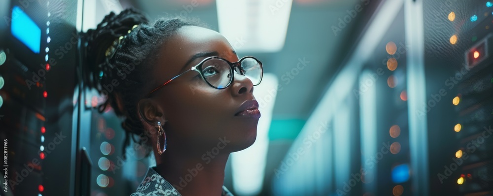 Black female engineer brainstorming cybersecurity, data processing or data storage problems Black female engineer brainstorming cybersecurity, data processing or data storage problems